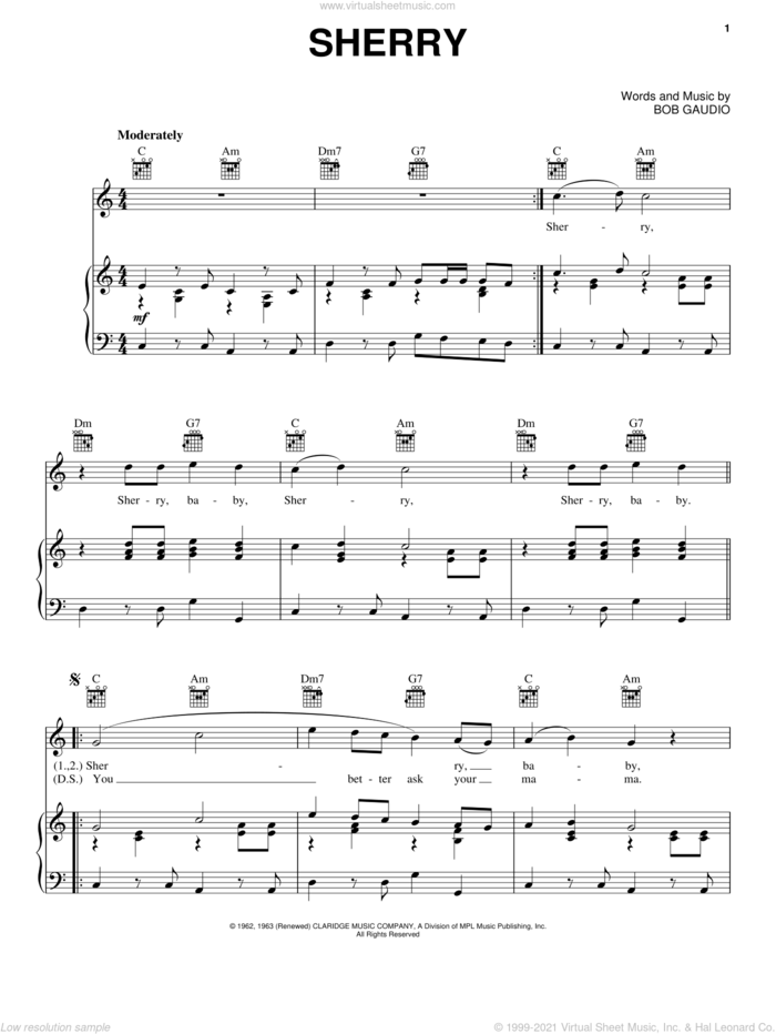 Sherry sheet music for voice, piano or guitar by Frankie Valli & The Four Seasons, Frankie Valli, Jersey Boys (Musical), The Four Seasons and Bob Gaudio, intermediate skill level