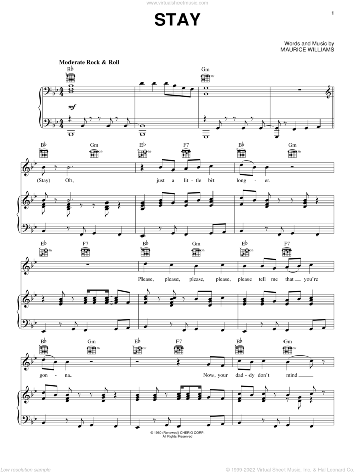 Stay sheet music for voice, piano or guitar by Frankie Valli & The Four Seasons, Frankie Valli, Jersey Boys (Musical) and Maurice Williams & The Zodiacs, The Four Seasons and Maurice Williams, intermediate skill level