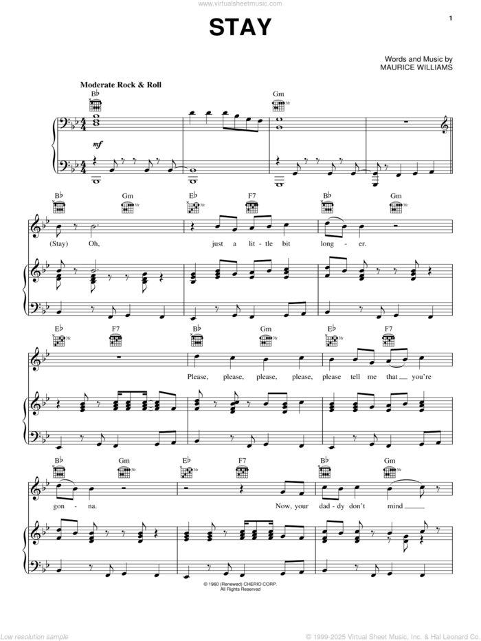 Stay sheet music for voice, piano or guitar by Frankie Valli & The Four Seasons, Frankie Valli, Jersey Boys (Musical) and Maurice Williams & The Zodiacs, The Four Seasons and Maurice Williams, intermediate skill level