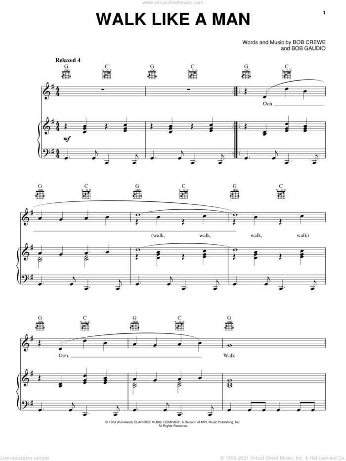 Walk Like A Man sheet music for voice, piano or guitar by Frankie Valli & The Four Seasons, Frankie Valli, Jersey Boys (Musical), The Four Seasons, Bob Crewe and Bob Gaudio, intermediate skill level