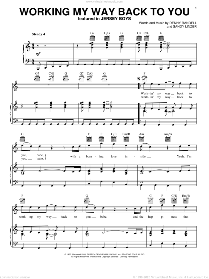 Working My Way Back To You sheet music for voice, piano or guitar by Frankie Valli & The Four Seasons, Frankie Valli, Jersey Boys (Musical), Spinners, The Detroit Spinners, The Four Seasons, Denny Randell and Sandy Linzer, intermediate skill level