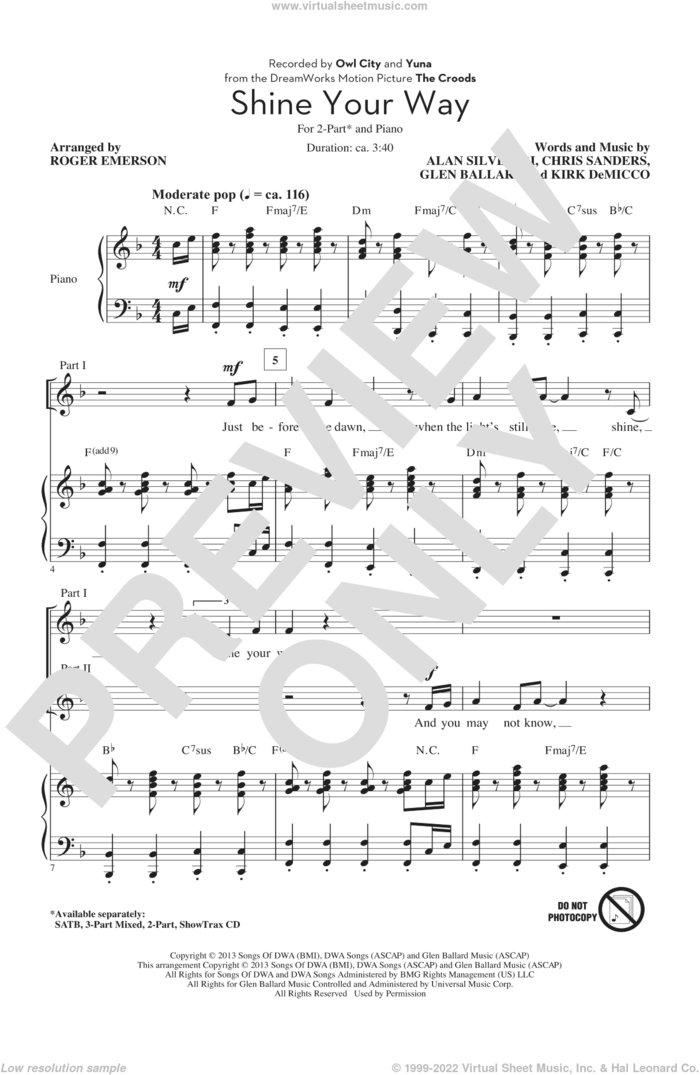 Shine Your Way (from The Croods) (arr. Roger Emerson) sheet music for choir (2-Part) by Roger Emerson, Alan Silvestri, Chris Sanders, Glen Ballard, Kirk DeMicco and Owl City, intermediate duet