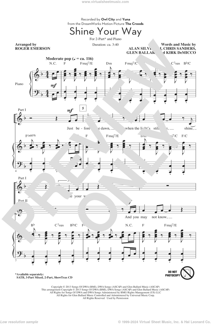 Shine Your Way (from The Croods) (arr. Roger Emerson) sheet music for choir (2-Part) by Roger Emerson, Alan Silvestri, Chris Sanders, Glen Ballard, Kirk DeMicco and Owl City, intermediate duet