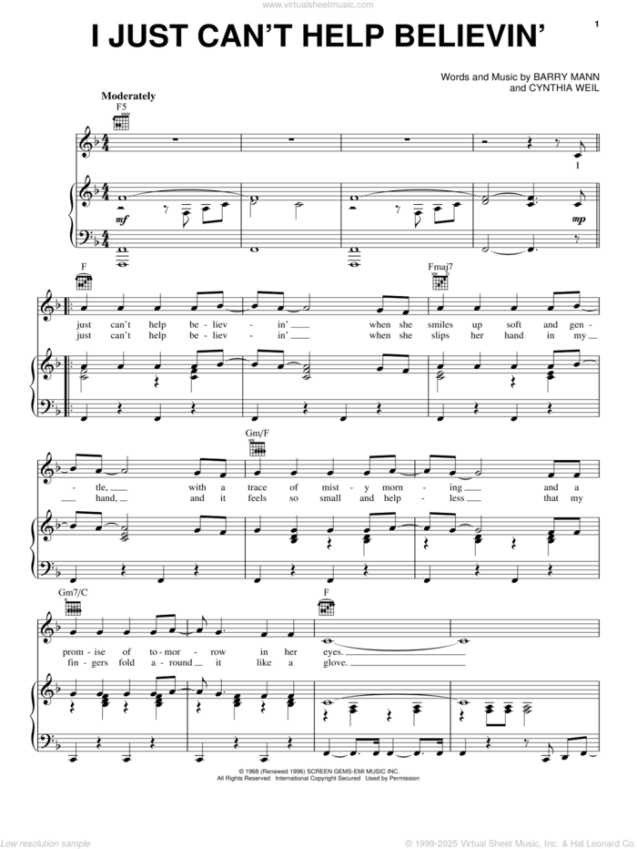 I Just Can't Help Believin' sheet music for voice, piano or guitar by Elvis Presley, Barry Mann and Cynthia Weil, intermediate skill level