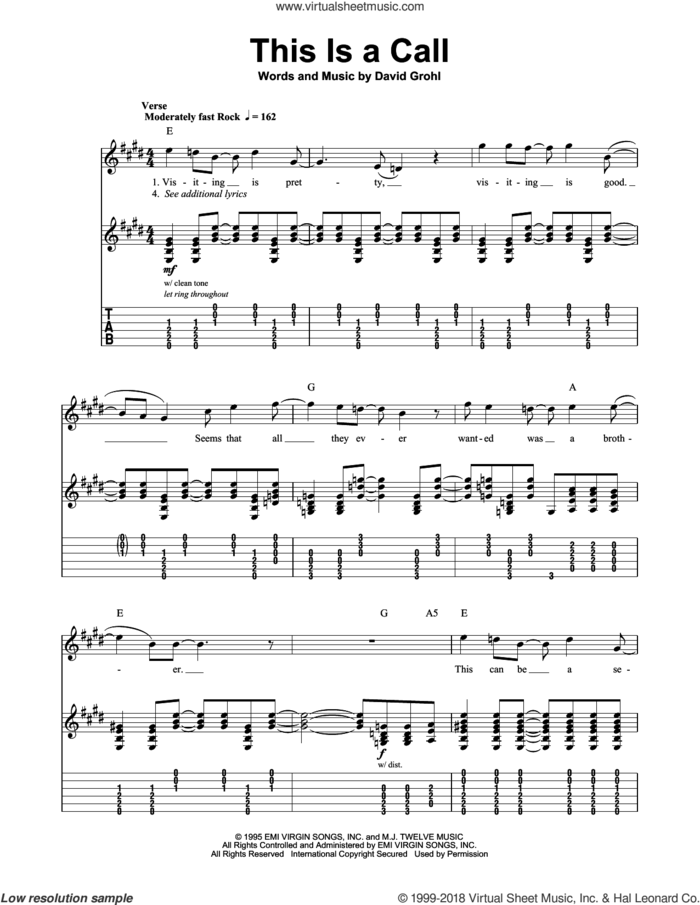 This Is A Call sheet music for guitar (tablature, play-along) by Foo Fighters and Dave Grohl, intermediate skill level