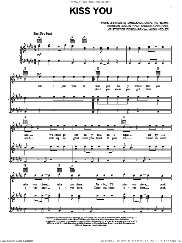 Kiss You sheet music for voice, piano or guitar by One Direction, intermediate skill level