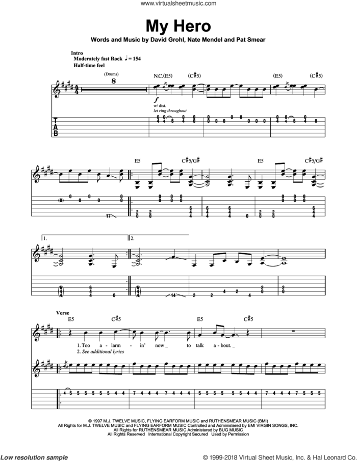 My Hero sheet music for guitar (tablature, play-along) by Foo Fighters, Dave Grohl, Nate Mendel and Pat Smear, intermediate skill level