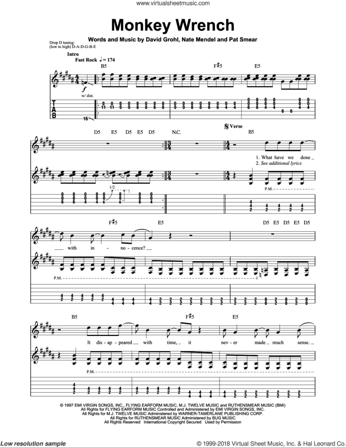 Monkey Wrench sheet music for guitar (tablature, play-along) by Foo Fighters, Guitar Hero, Dave Grohl, Nate Mendel and Pat Smear, intermediate skill level
