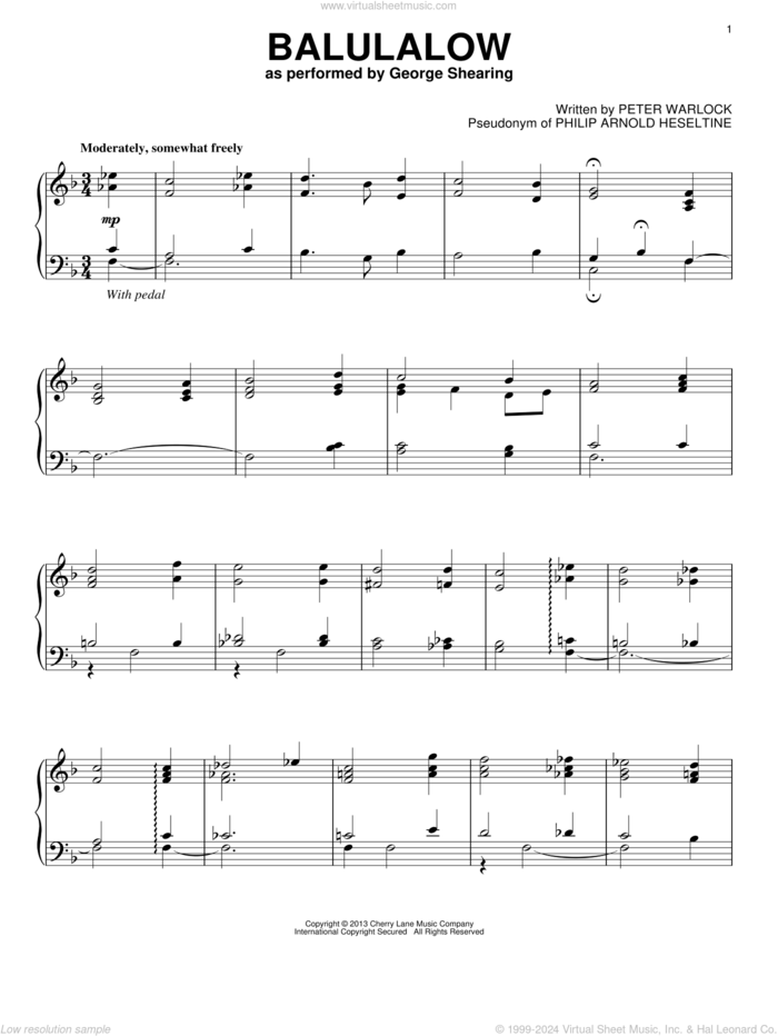 Balulalow sheet music for piano solo by Peter Warlock, intermediate skill level