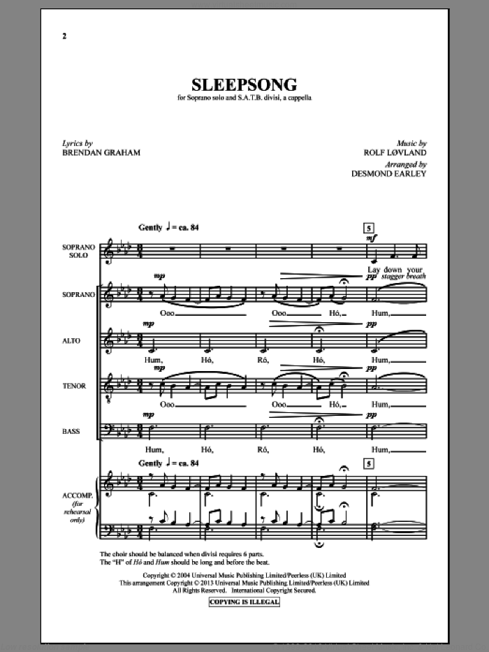 Sleepsong sheet music for choir (SATB: soprano, alto, tenor, bass) by Secret Garden, Brendan Graham, Desmond Earley and Rolf Lovland, classical score, intermediate skill level