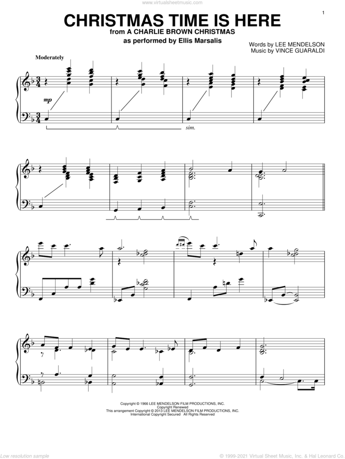 Christmas Time Is Here, (intermediate) sheet music for piano solo by Lee Mendelson and Vince Guaraldi, intermediate skill level