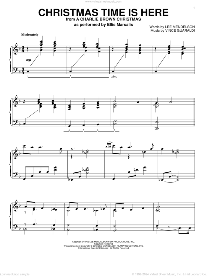 Christmas Time Is Here, (intermediate) sheet music for piano solo by Lee Mendelson and Vince Guaraldi, intermediate skill level