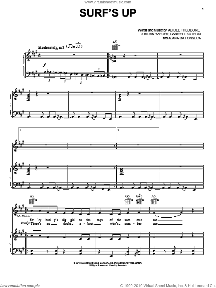 Surf's Up sheet music for voice, piano or guitar by Ross Lynch and Teen Beach Movie (Movie), intermediate skill level