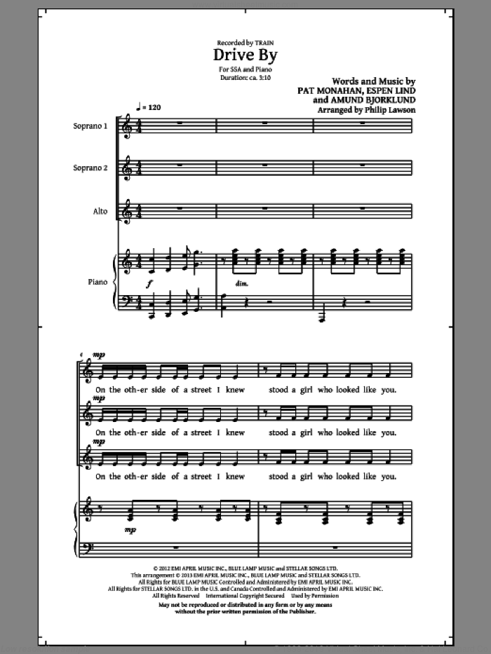 Drive By sheet music for choir (SSA: soprano, alto) by Train and Philip Lawson, intermediate skill level