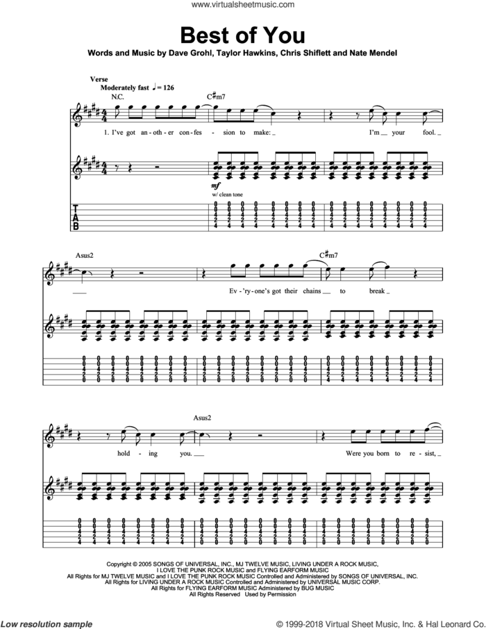 Best Of You sheet music for guitar (tablature, play-along) by Foo Fighters, Chris Shiflett, Dave Grohl, Nate Mendel and Taylor Hawkins, intermediate skill level