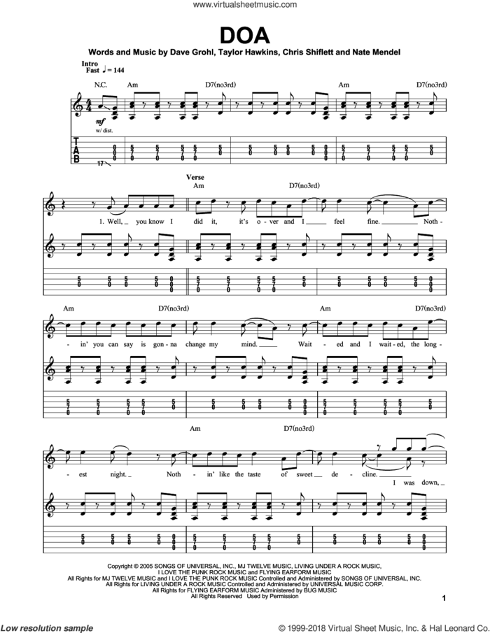 DOA sheet music for guitar (tablature, play-along) by Foo Fighters, Chris Shiflett, Dave Grohl, Nate Mendel and Taylor Hawkins, intermediate skill level