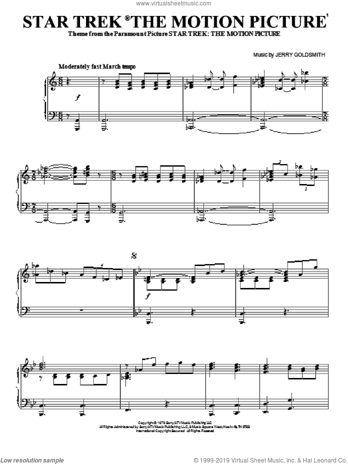 Star Trek The Motion Picture, (intermediate) sheet music for piano solo by Jerry Goldsmith and Star Trek(R), intermediate skill level