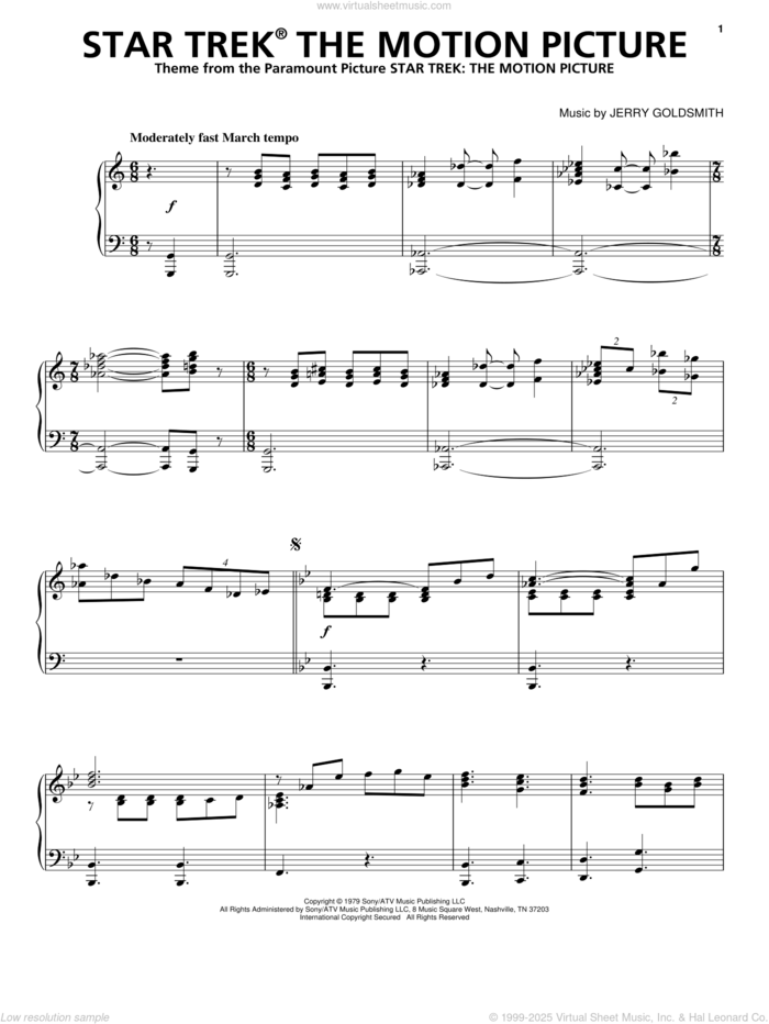 Star Trek The Motion Picture, (intermediate) sheet music for piano solo by Jerry Goldsmith and Star Trek(R), intermediate skill level