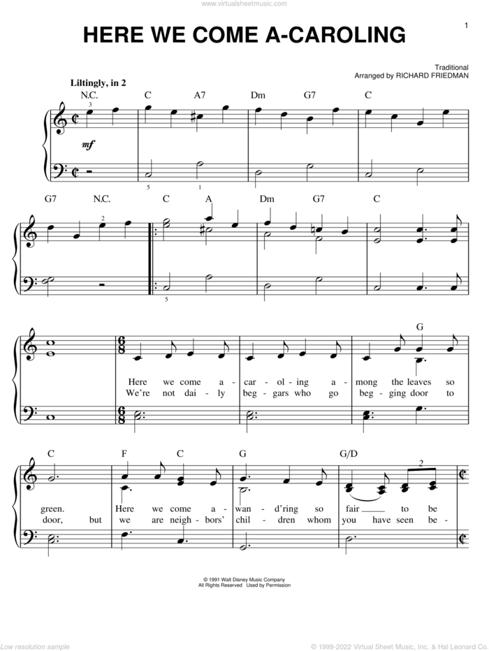 Here We Come A-Caroling sheet music for piano solo by Richard Friedman and Miscellaneous, easy skill level