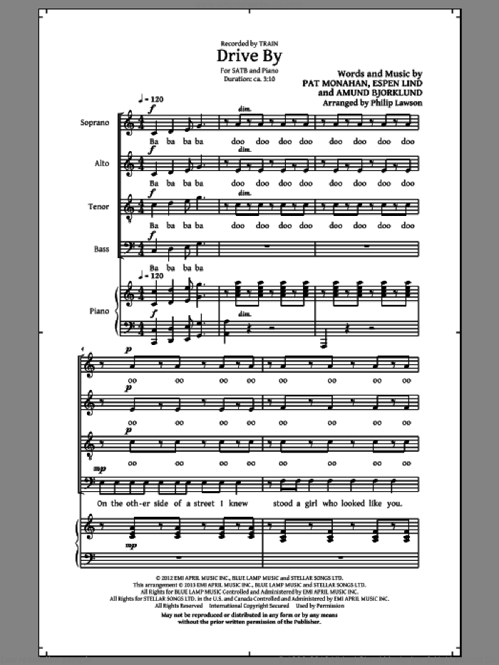 Drive By sheet music for choir (SATB: soprano, alto, tenor, bass) by Train and Philip Lawson, intermediate skill level