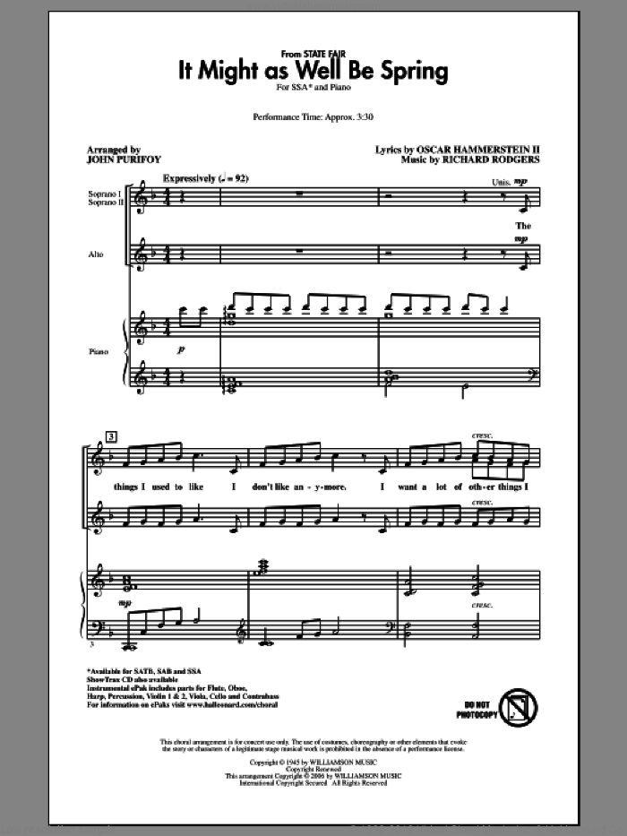 It Might As Well Be Spring sheet music for choir (SSA: soprano, alto) by Richard Rodgers, John Purifoy and Oscar II Hammerstein, intermediate skill level