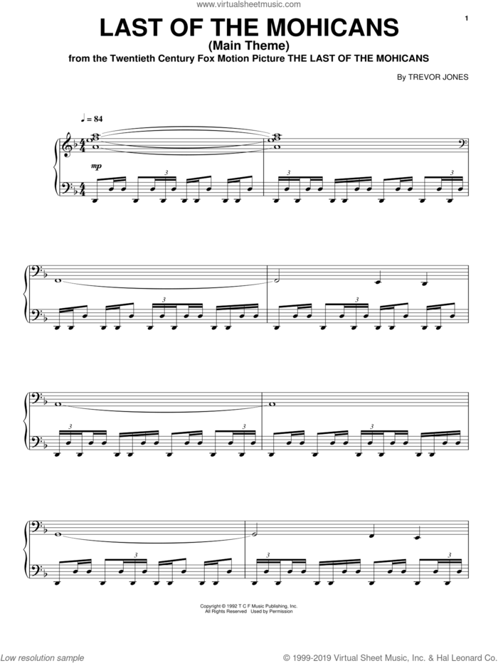 Last Of The Mohicans (Main Theme), (intermediate) sheet music for piano solo by Trevor Jones, classical score, intermediate skill level