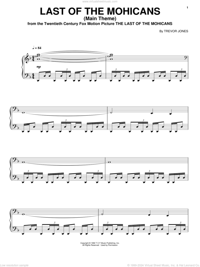 Last Of The Mohicans (Main Theme), (intermediate) sheet music for piano solo by Trevor Jones, classical score, intermediate skill level