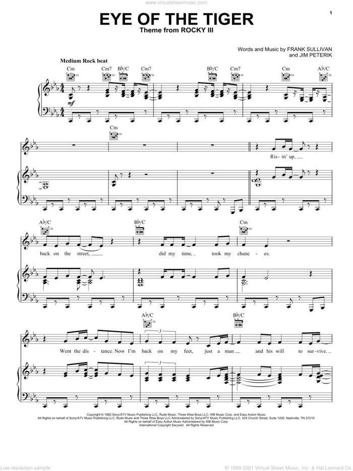 Eye Of The Tiger sheet music for voice, piano or guitar by Survivor, Frank Sullivan and Jim Peterik, intermediate skill level
