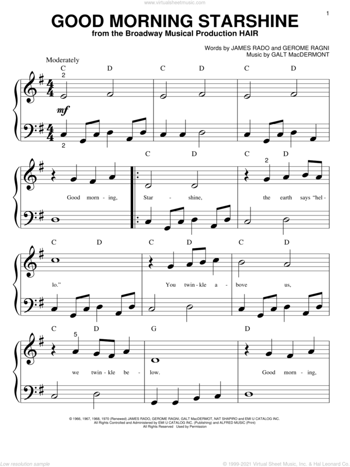 Good Morning Starshine sheet music for piano solo (big note book) by Galt MacDermot, Gerome Ragni and James Rado, easy piano (big note book)
