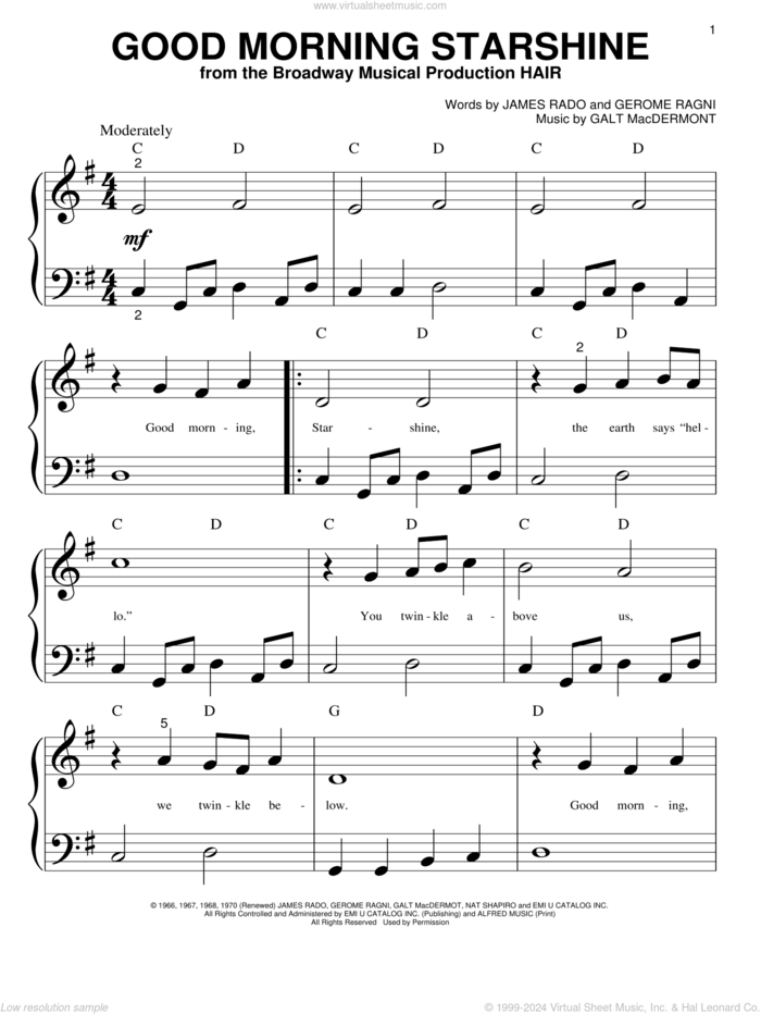 Good Morning Starshine sheet music for piano solo (big note book) by Galt MacDermot, Gerome Ragni and James Rado, easy piano (big note book)