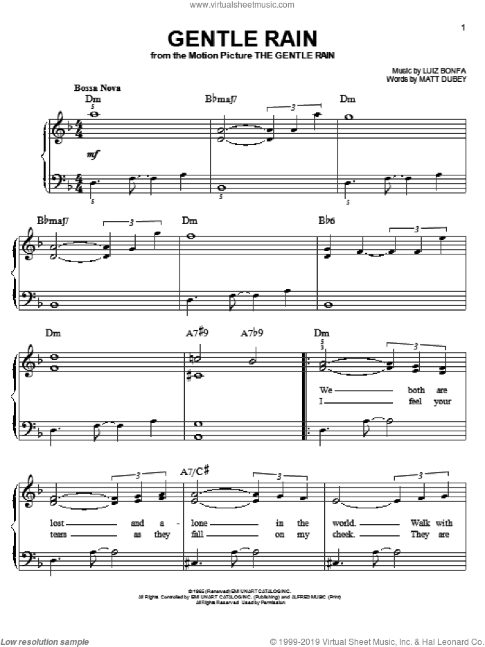 Gentle Rain, (easy) sheet music for piano solo by Matt Dubey and Luiz Bonfa, easy skill level