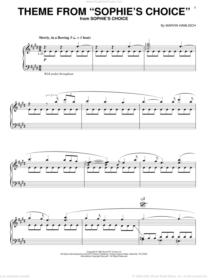 Theme From 'Sophie's Choice' sheet music for voice, piano or guitar by Marvin Hamlisch, intermediate skill level