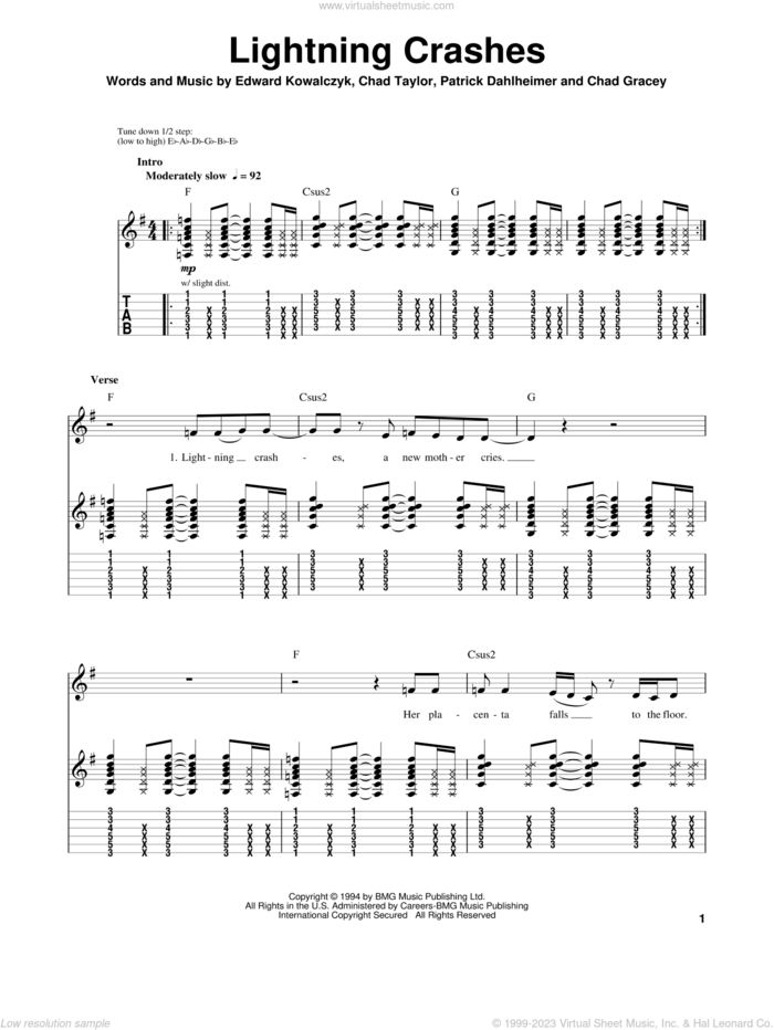 Lightning Crashes sheet music for guitar (tablature, play-along) by Live, Chad Gracey, Chad Taylor, Edward Kowalczyk and Patrick Dahlheimer, intermediate skill level