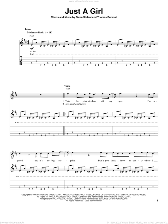 Just A Girl sheet music for guitar (tablature, play-along) by No Doubt, Gwen Stefani and Tom Dumont, intermediate skill level