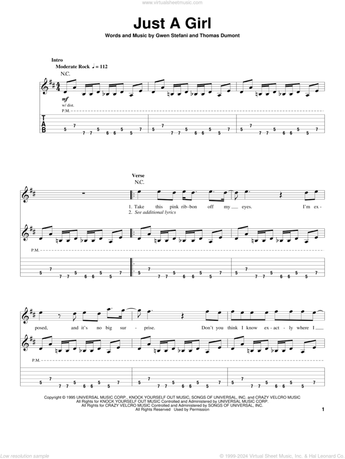 Just A Girl sheet music for guitar (tablature, play-along) by No Doubt, Gwen Stefani and Tom Dumont, intermediate skill level