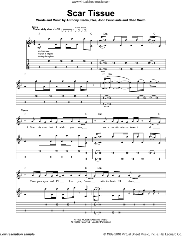 Scar Tissue sheet music for guitar (tablature, play-along) by Red Hot Chili Peppers, Anthony Kiedis, Chad Smith, Flea and John Frusciante, intermediate skill level