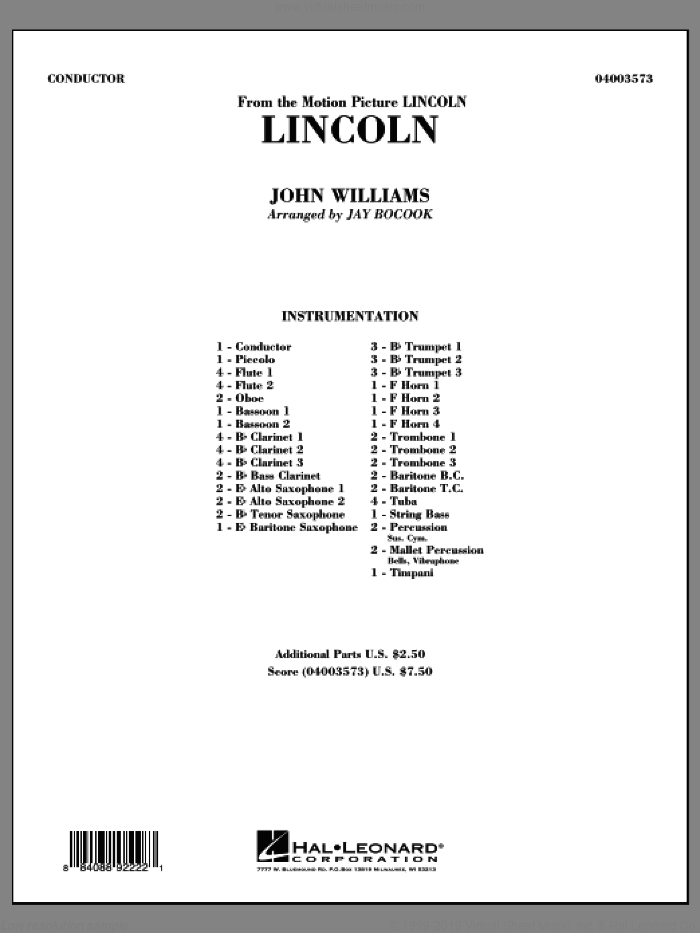Lincoln (COMPLETE) sheet music for concert band by John Williams, Jay Bocook and Lincoln (Movie), classical score, intermediate skill level