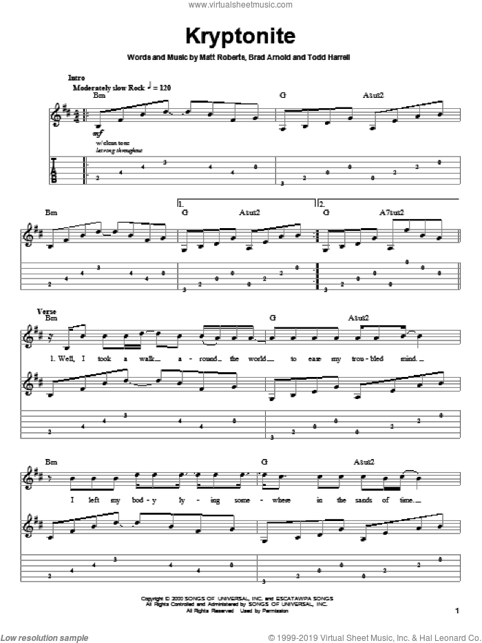 Kryptonite sheet music for guitar (tablature, play-along) by 3 Doors Down, Brad Arnold, Matt Roberts and Todd Harrell, intermediate skill level
