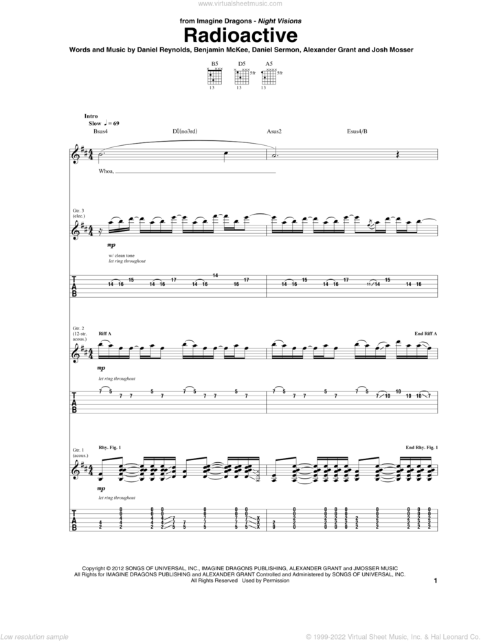 Radioactive sheet music for guitar (tablature) by Imagine Dragons, intermediate skill level