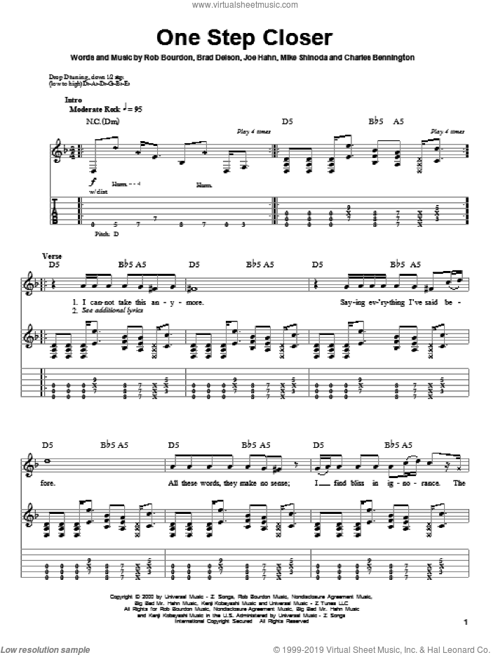 One Step Closer sheet music for guitar (tablature, play-along) by Linkin Park, Brad Delson, Charles Bennington, Joe Hahn, Mike Shinoda and Rob Bourdon, intermediate skill level