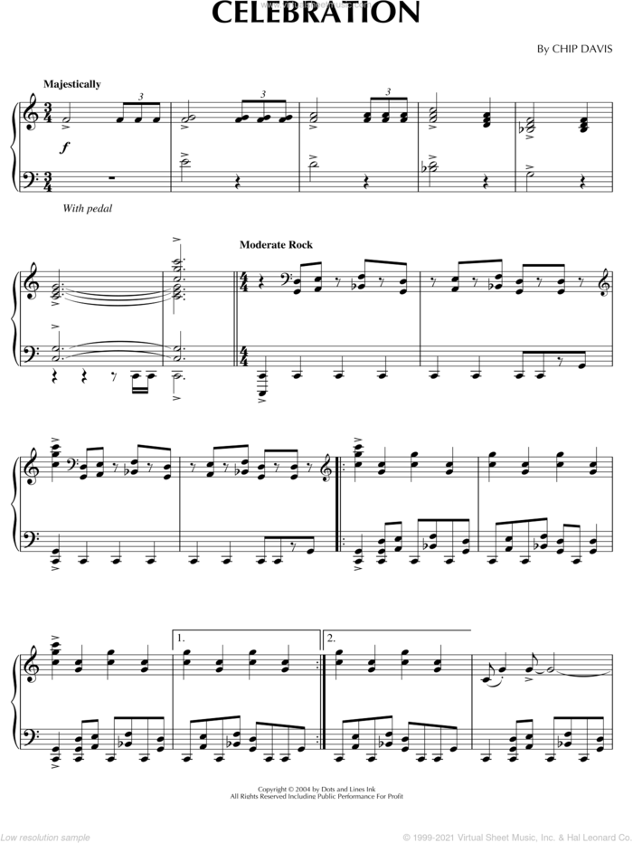 Celebration sheet music for piano solo by Mannheim Steamroller and Chip Davis, intermediate skill level