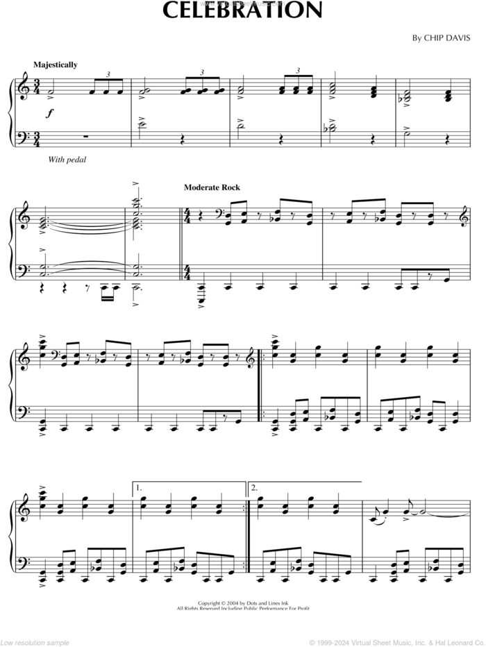 Celebration sheet music for piano solo by Mannheim Steamroller and Chip Davis, intermediate skill level