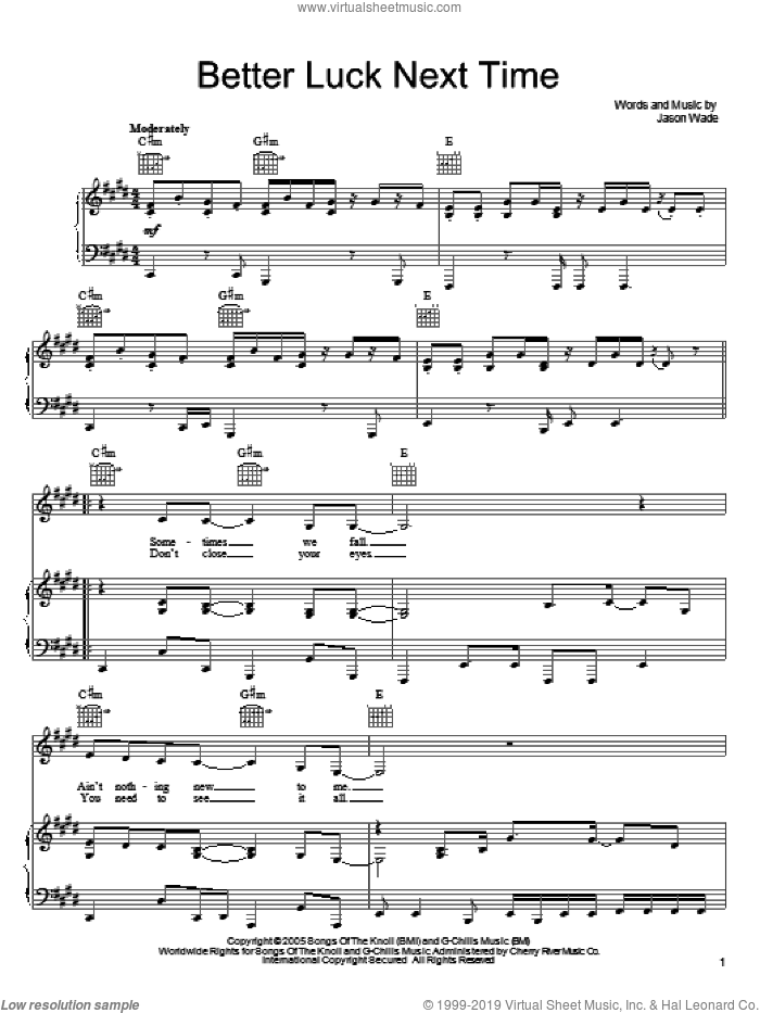 Better Luck Next Time sheet music for voice, piano or guitar by Lifehouse and Jason Wade, intermediate skill level