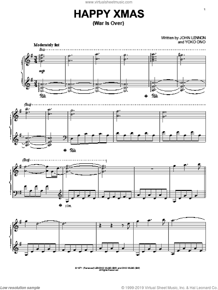 Happy Xmas (War Is Over), (intermediate) sheet music for piano solo by John Lennon, David Lanz and Yoko Ono, classical score, intermediate skill level