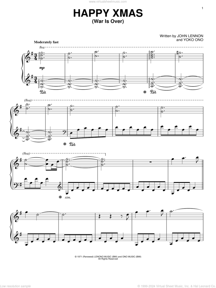 Happy Xmas (War Is Over), (intermediate) sheet music for piano solo by John Lennon, David Lanz and Yoko Ono, classical score, intermediate skill level