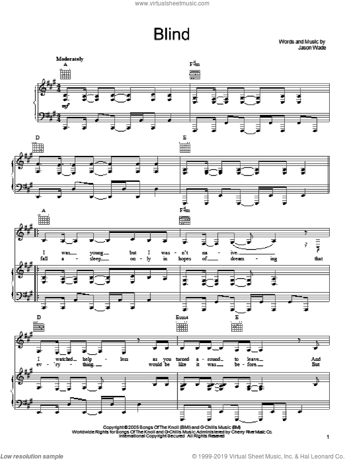 Blind sheet music for voice, piano or guitar by Lifehouse and Jason Wade, intermediate skill level