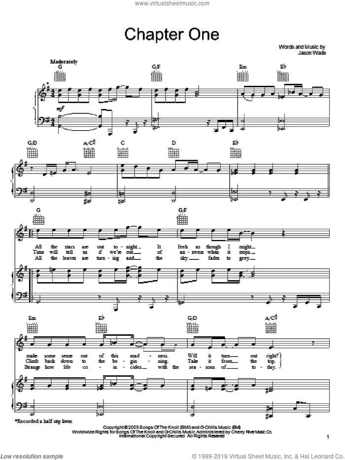 Chapter One sheet music for voice, piano or guitar by Lifehouse and Jason Wade, intermediate skill level