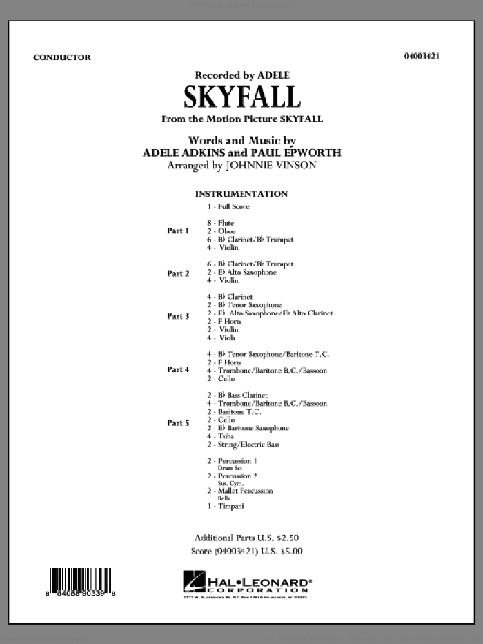 Skyfall (COMPLETE) sheet music for concert band by Adele and Johnnie Vinson, intermediate skill level