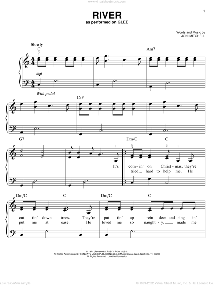River, (easy) sheet music for piano solo by Linda Ronstadt, Glee Cast and Joni Mitchell, easy skill level