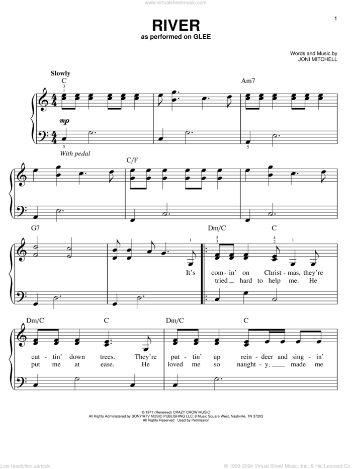 River, (easy) sheet music for piano solo by Joni Mitchell, Glee Cast and Linda Ronstadt, easy skill level